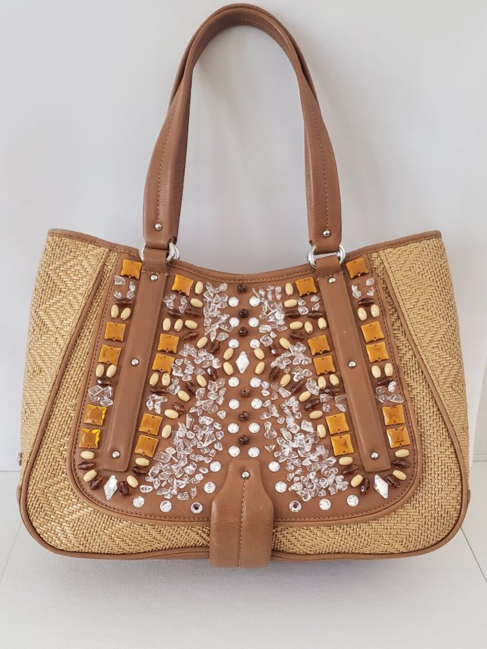Cole Haan Leather Natural Sydney Straw Shoulder Tote Beaded Embellishments
